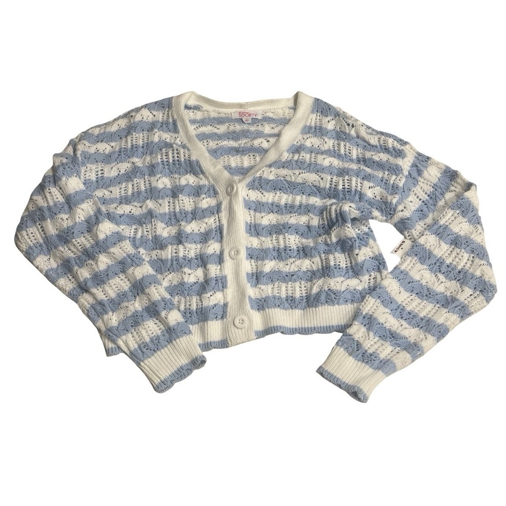 Mini Society Girls L Stripe Cardigan Button Knit Blue And White NWT